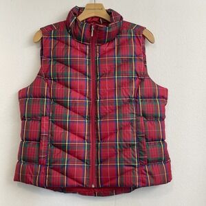 Lands End Vest Womens MP Red Green Plaid Down‎ Puffer Coastal  Grandmom Holiday